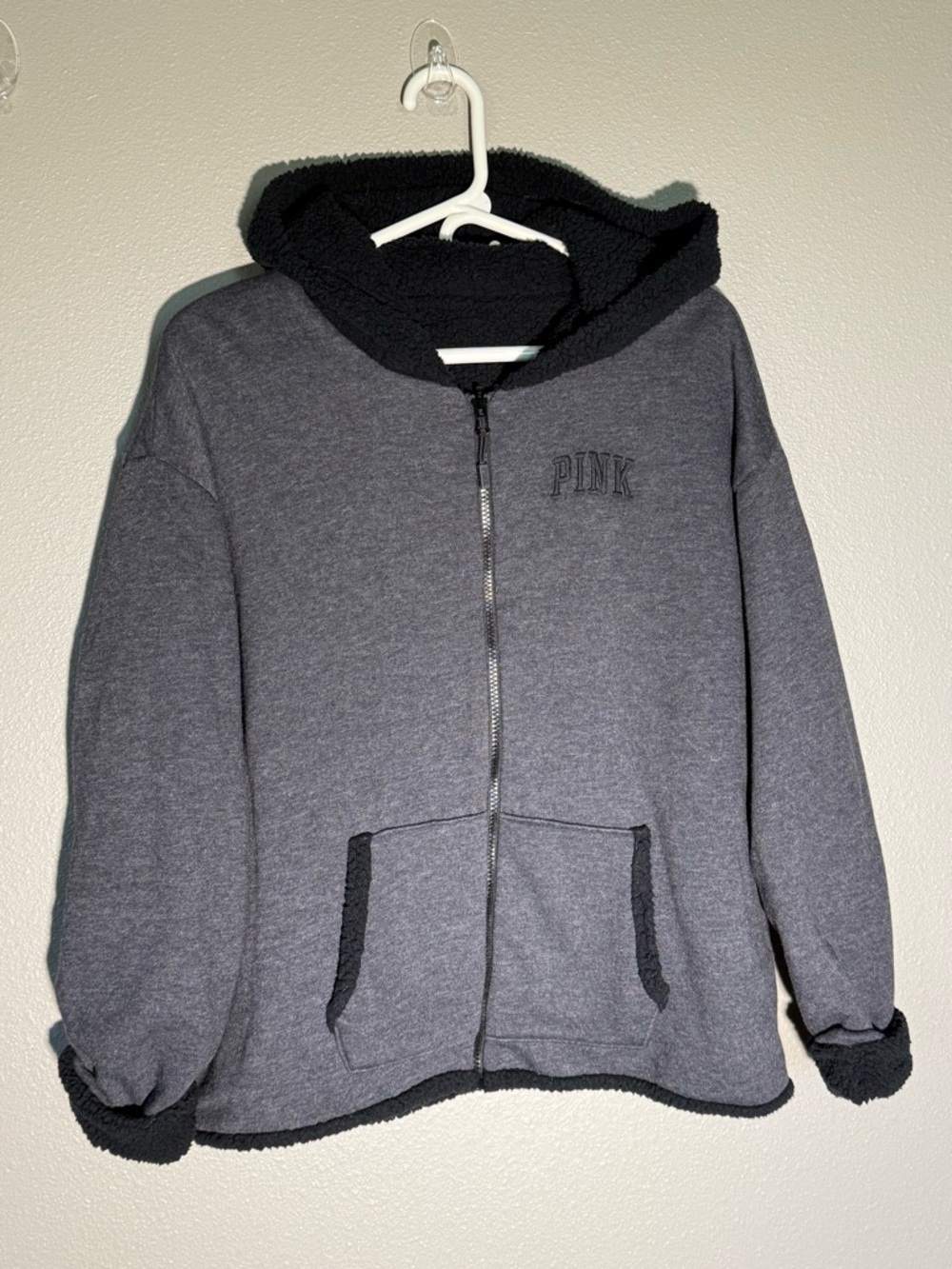 PINK Victoria's Secret Reversible Dark Gray/Black Sherpa-Lined Zip Hoodie Jacket